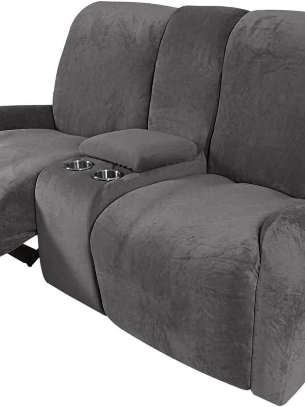 Velvet Recliner Loveseat Cover 8-Piece 2 Seater with Console Cup Holders Grey